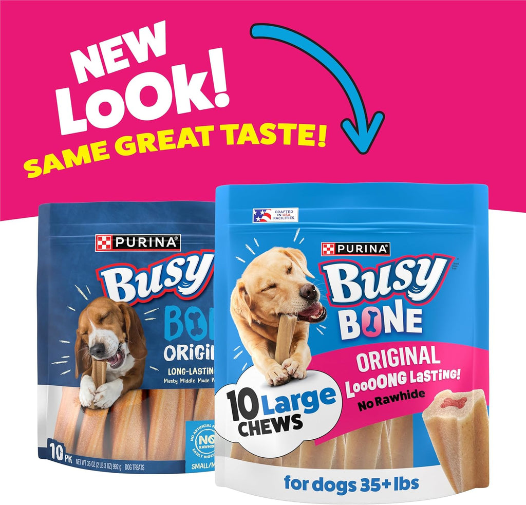 Purina Busy Bone rawhide free dog treats package back showing ingredients