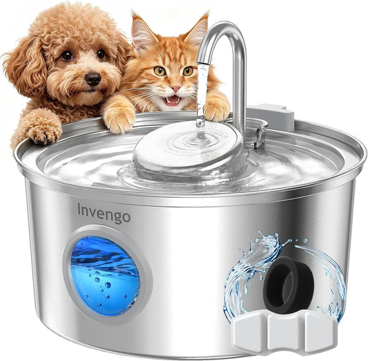 Invengo stainless steel cat water fountain front view