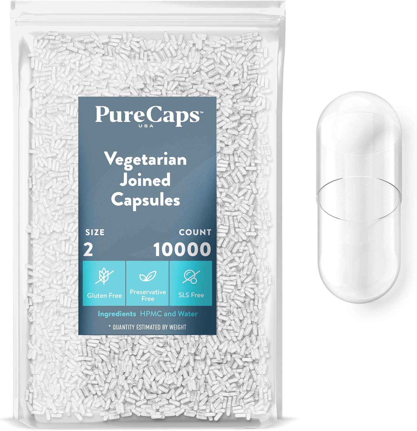 PureCaps USA Size 2 empty vegetarian capsules front view packaging