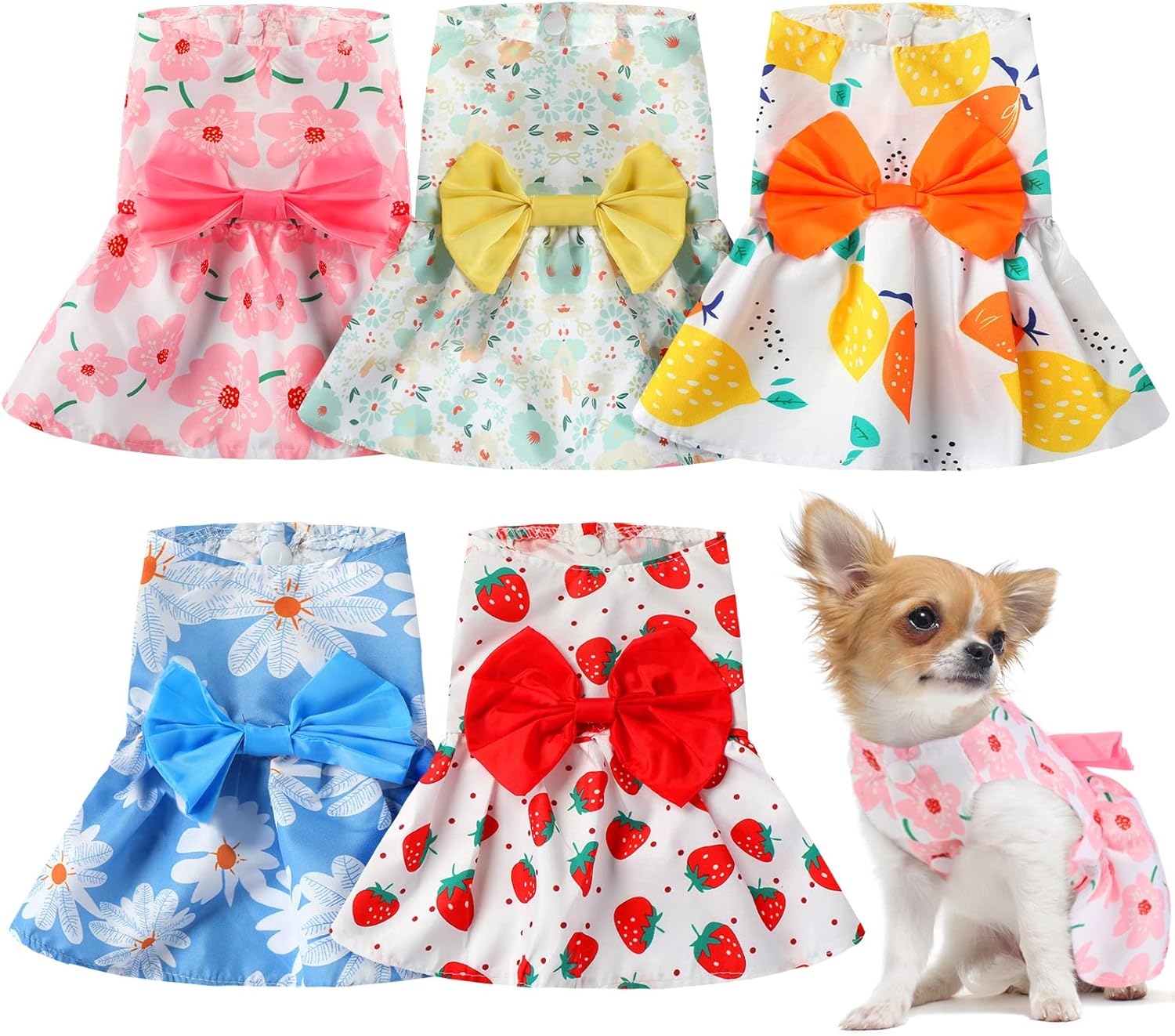 Saintrygo 5 Pieces Floral Dog Dress front view showing strawberry pattern