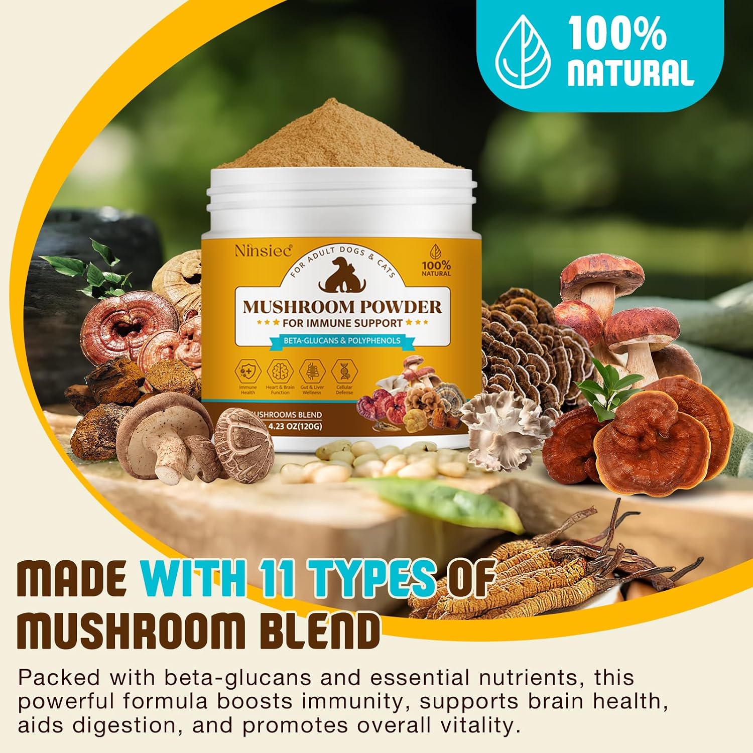Ninsiec pet immunity powder jar with natural 11 mushroom complex graphics.