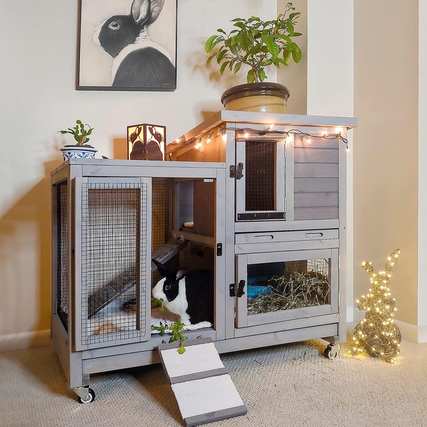 Aivituvin Rabbit Hutch Large Wooden Bunny House Guinea Pig Cages on Wheels, Two Trays, Indoor Outdoor - Image 1