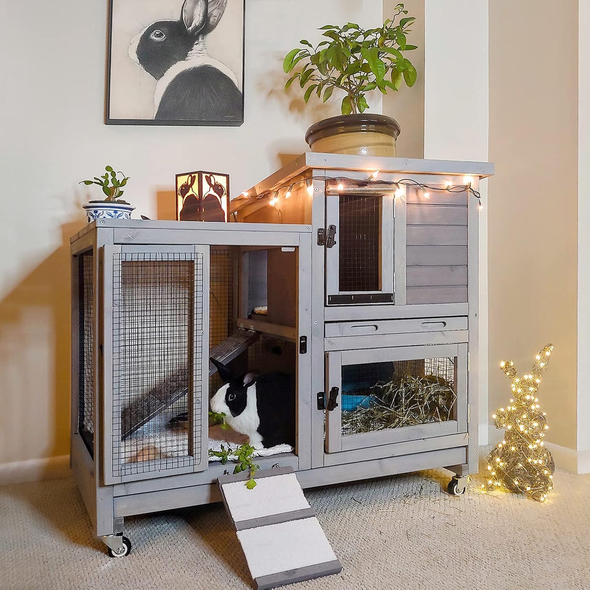 Aivituvin Rabbit Hutch Large Wooden Bunny House Guinea Pig Cages on Wheels, Two Trays, Indoor Outdoor - Image 1