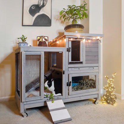 Aivituvin Rabbit Hutch Large Wooden Bunny House Guinea Pig Cages on Wheels, Two Trays, Indoor Outdoor - Image 1