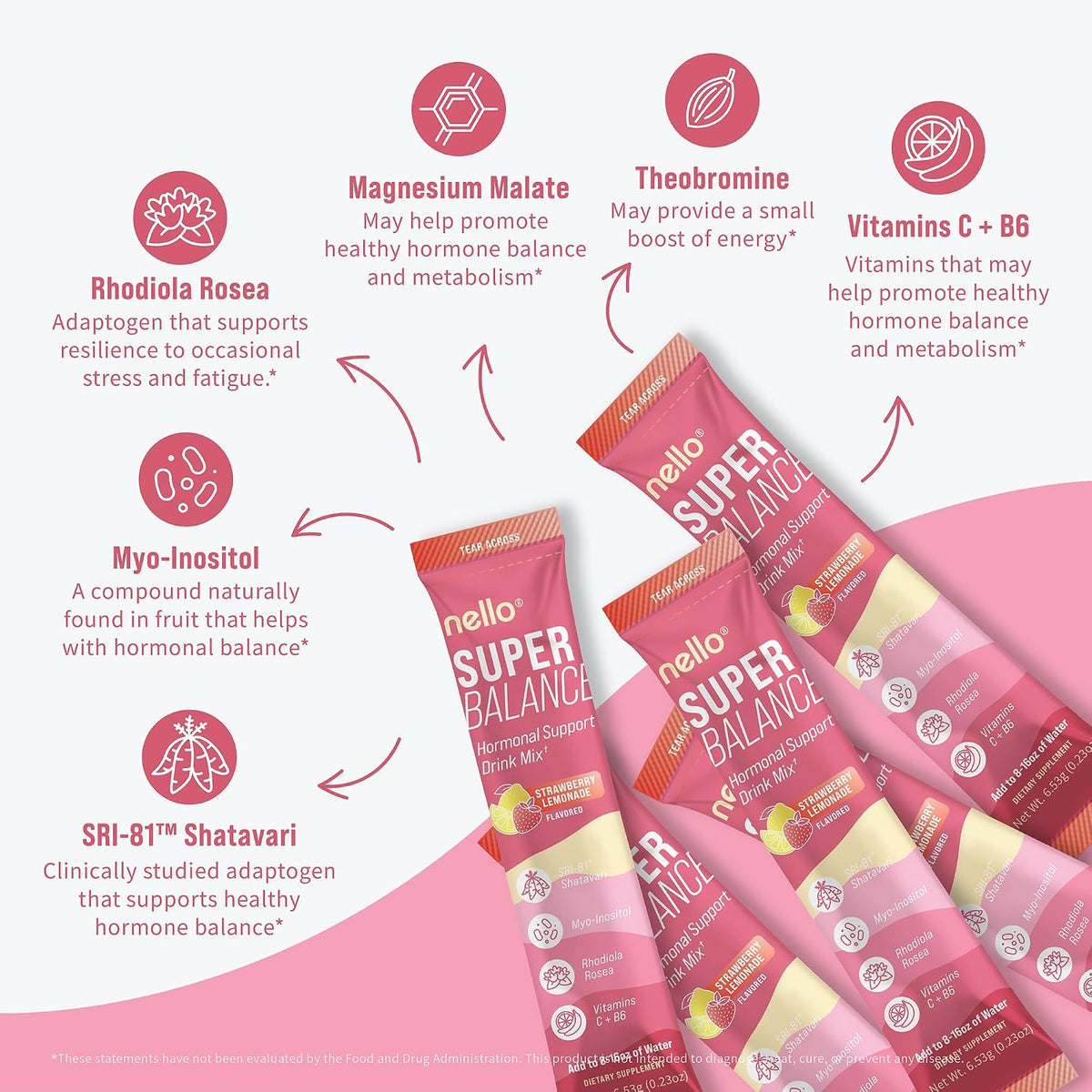 Nello Superbalance Hormonal Support Drink Mix, SRI-81 Shatavari, Myo-Inositol, Rhodiola Rosea, Vitamin C, Magnesium, Theobromine (20 Servings, Strawberry Lemonade) - Image 4
