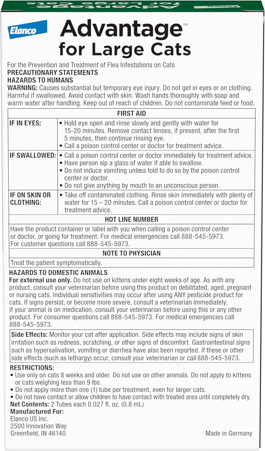 Advantage monthly flea drops 2 treatments pack showing active ingredient details