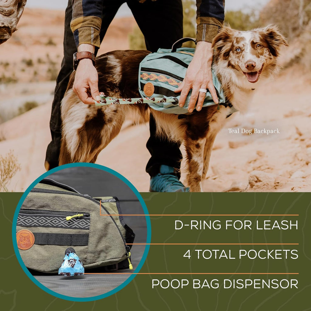 Close up view of the built in poop bag dispenser on dog pack