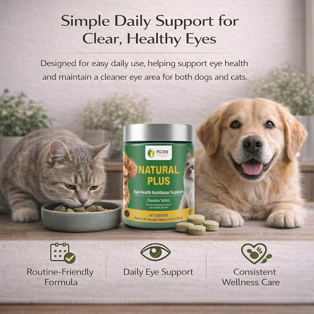 Imported USA premium pet eye care chewable supplement bottle.