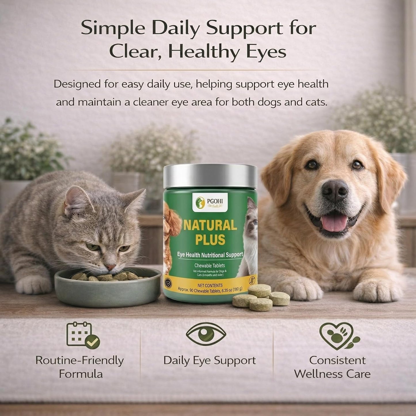 Imported USA premium pet eye care chewable supplement bottle.