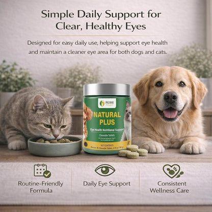 Imported USA premium pet eye care chewable supplement bottle.