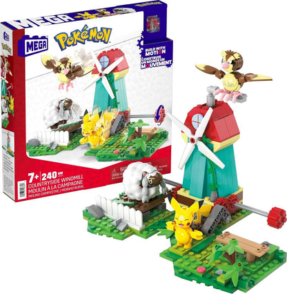 MEGA PokÃ©mon Countryside Windmill building toy set front view showing the 240-piece assembled windmill and characters.