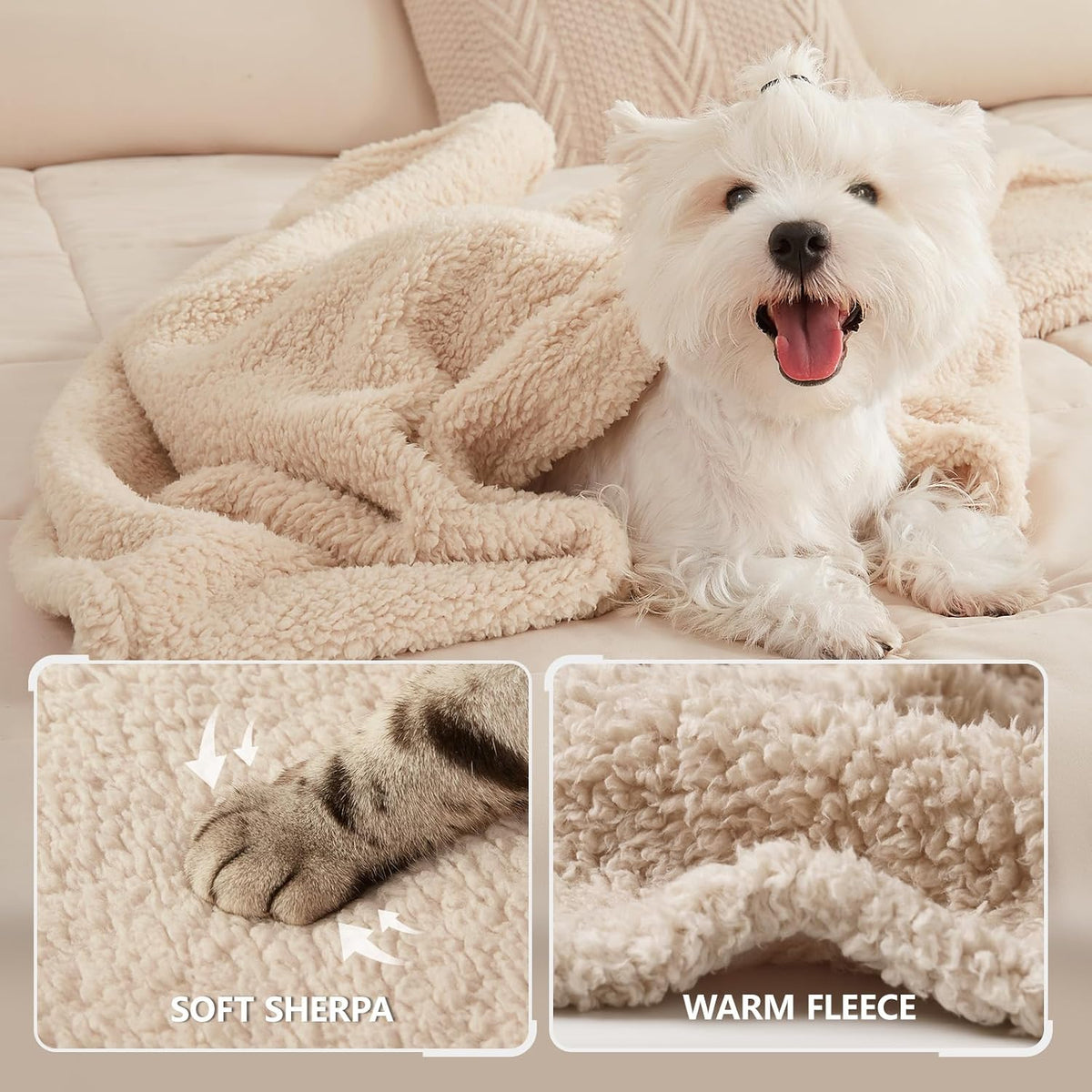 Pack of three beige small plush blankets for puppies and cats resting on a couch