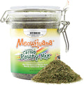 Meowijuana Catnibas Catnip Pawty Mix jar front view showing vibrant green label and clear glass container