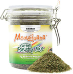 Meowijuana Catnibas Catnip Pawty Mix jar front view showing vibrant green label and clear glass container