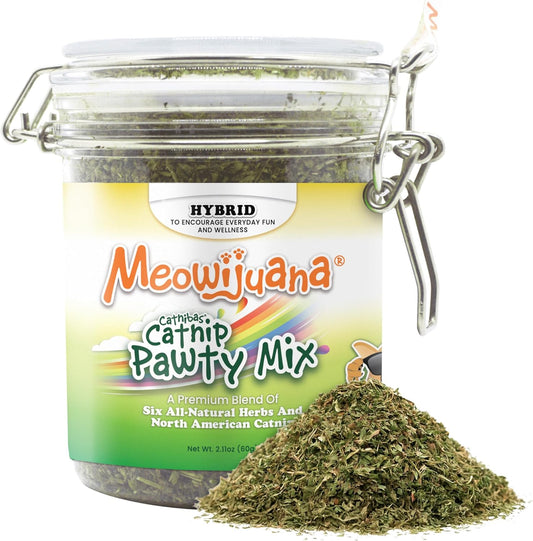 Meowijuana Catnibas Catnip Pawty Mix Jar front view showcasing premium herbal pet treats