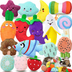 QTwoof Cheerful Squeaky Dog Toys Set front view showing variety pack of sixteen colorful plush characters.