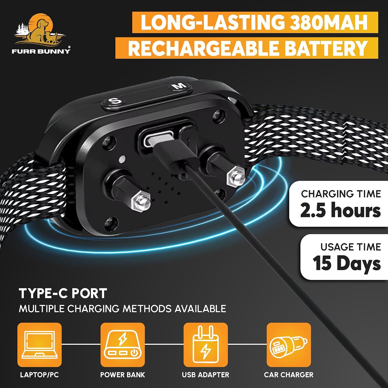Furr Bunny collar charging port and battery indicator