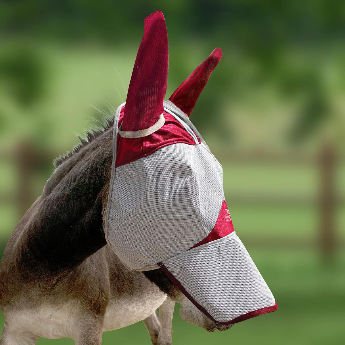 Side profile of Harrison Howard donkey fly mask showing ear protection