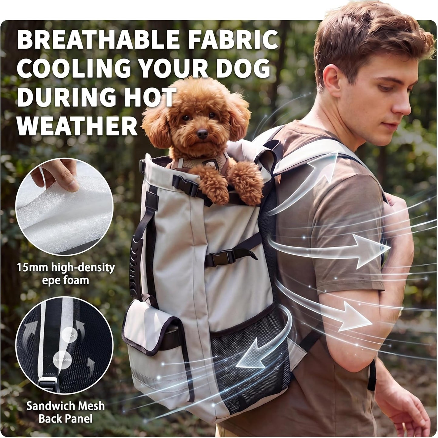 Aeegee dog backpack carrier being used during an outdoor hiking trip demonstrating secure hands free pet travel.
