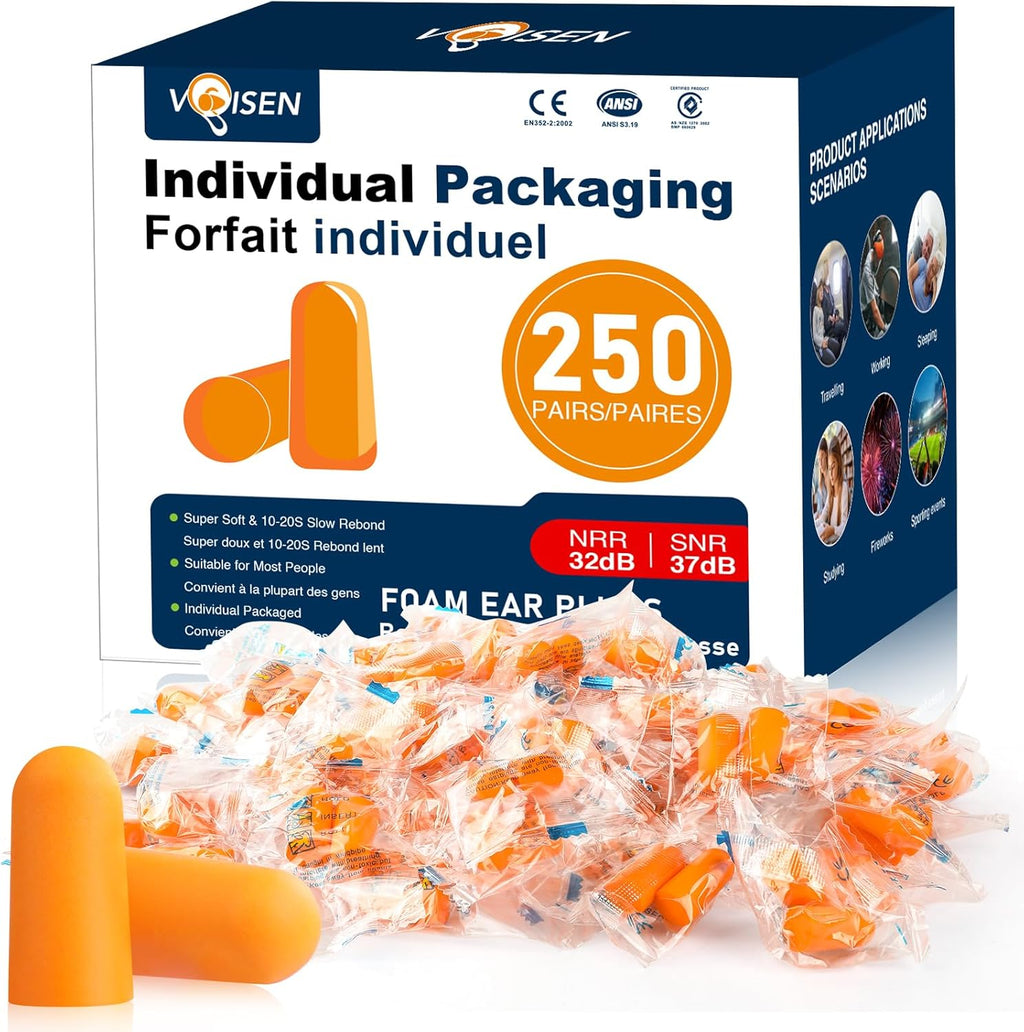 Voisen foam ear plugs front view showing the 250 pairs bulk box packaging