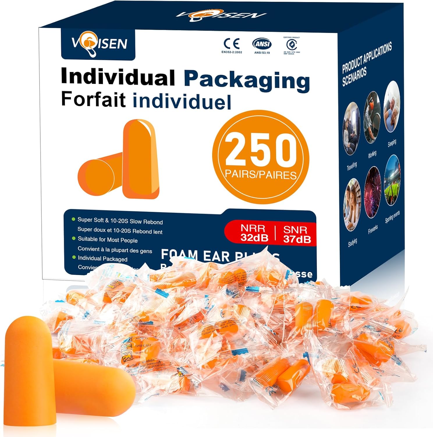 VOISEN Foam Ear Plugs 250 Pairs pack front view showing orange earplugs