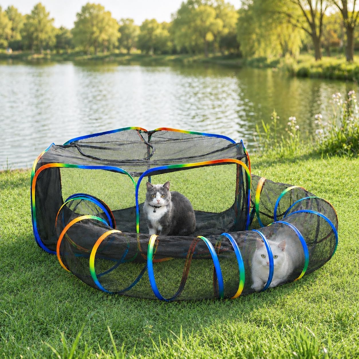 LUCKITTY Portable Cat Enclosure front view showing the full rainbow colored pop up tent and connected mesh tunnel set up outdoors on grass.