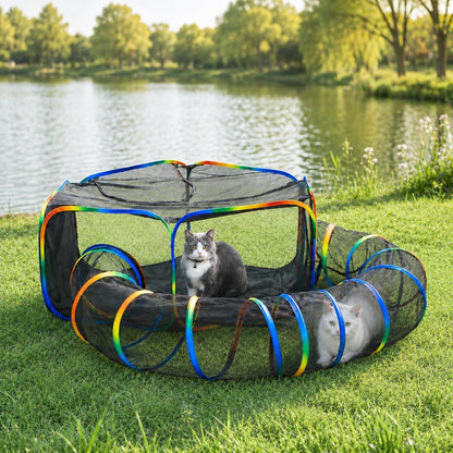 LUCKITTY Portable Cat Enclosure front view showing the full rainbow colored pop up tent and connected mesh tunnel set up outdoors on grass.