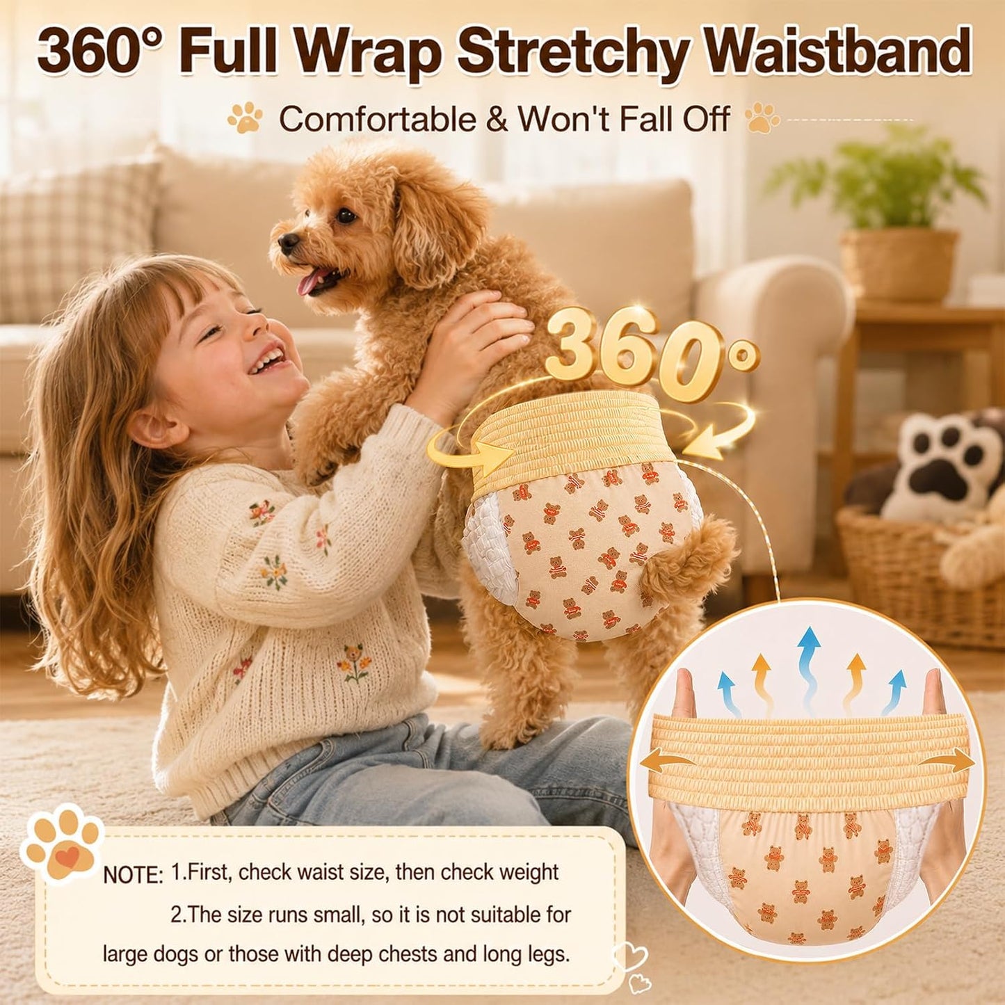 Ambreview leak proof puppy wraps highlighting the 360 degree stretchy elastic waistband layout.