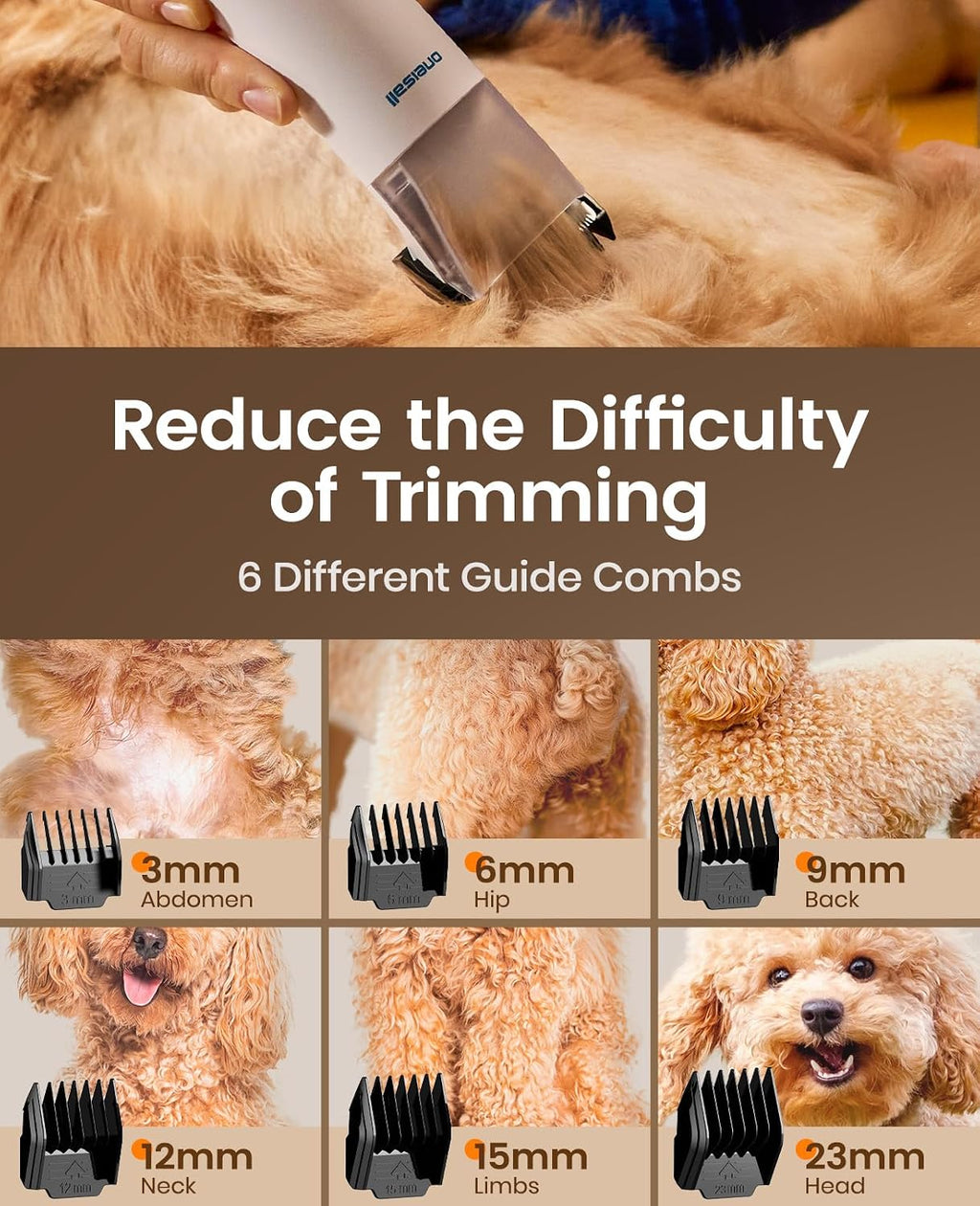 Oneisall dog grooming vacuum cleaner operating on a long haired pet