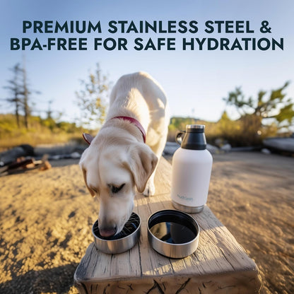 Pet Vet Products HydroPet travel flask with two detached bowls for dog food and water on a walking trail.
