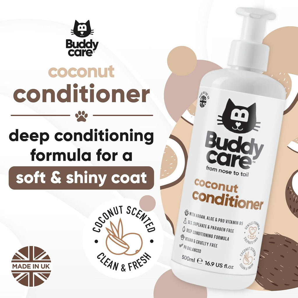 Side profile of Buddycare vegan cat conditioner showing ingredients and fluid ounce details.