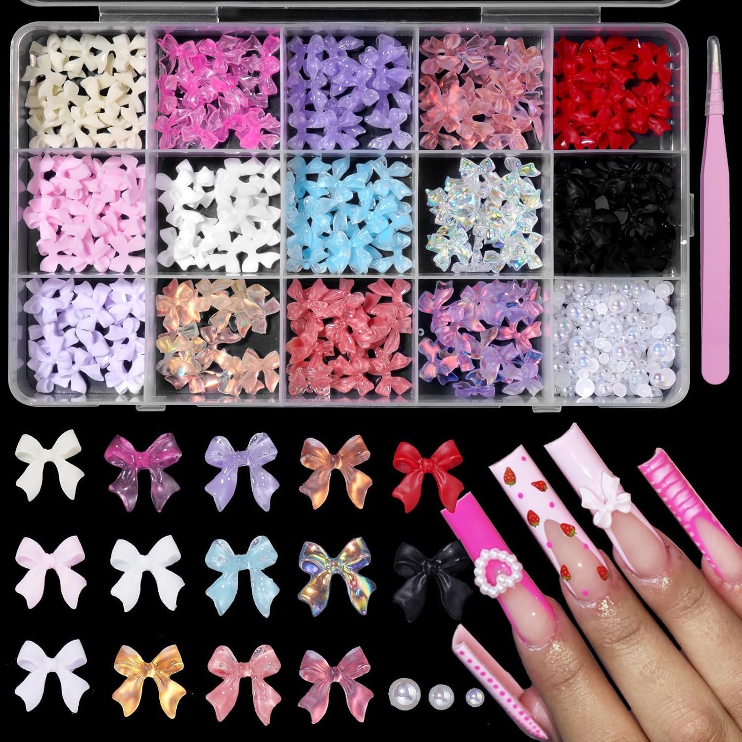 Uotey colorful bow nail charms in organizer box front view