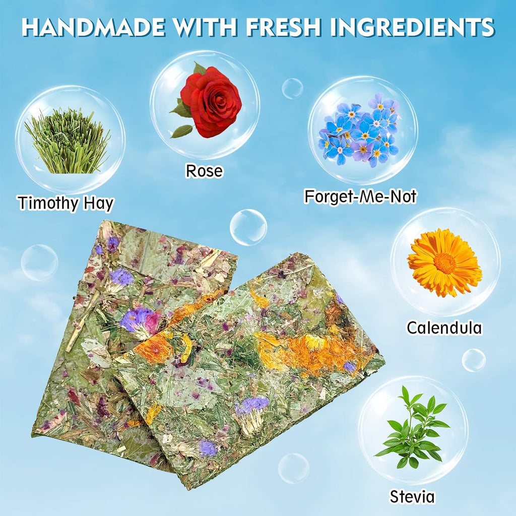 Fhiny bunny chew toys showing individual vacuum-sealed herbal hay crisps for guinea pigs.