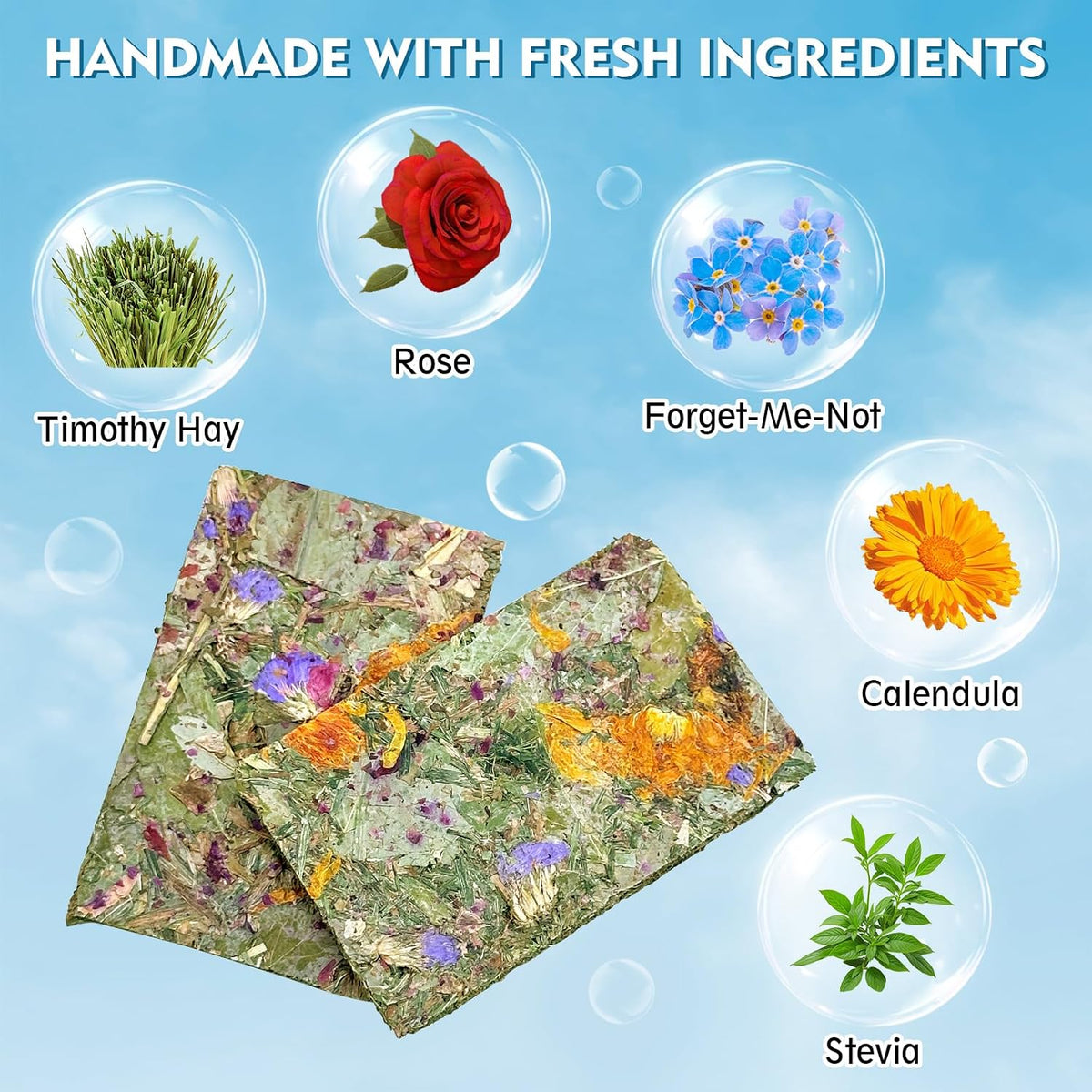 Fhiny bunny chew toys showing individual vacuum-sealed herbal hay crisps for guinea pigs.