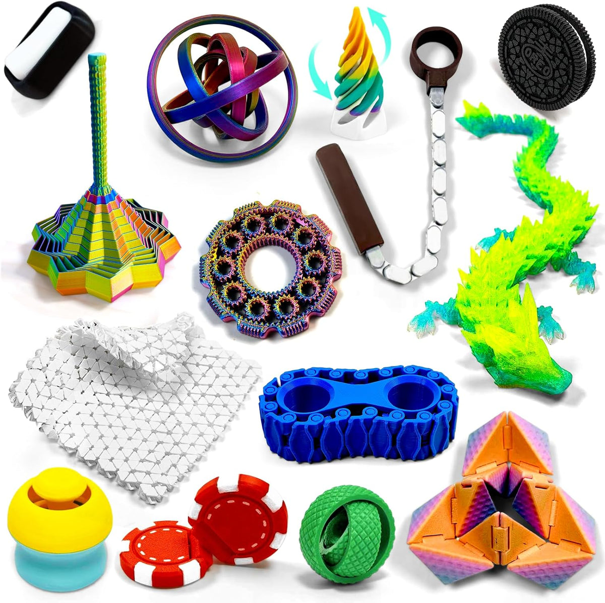 TUTHKOTH 14-in-1 3D printed fidget toy set showcase view displaying multi-colored plastic sensory gadgets for adults.