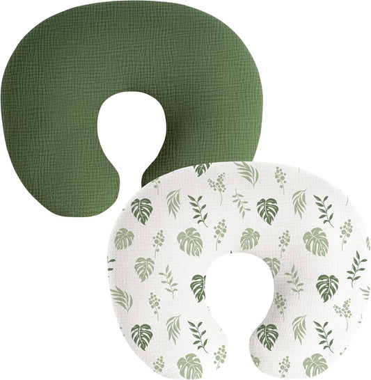 Coreeky muslin nursing pillow covers front view leaf green pattern
