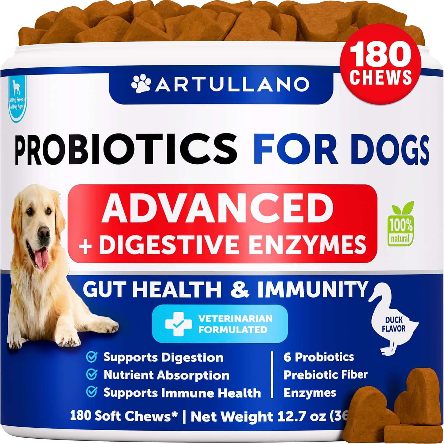 Artullano dog probiotics dosage chart and directions for pet gut care