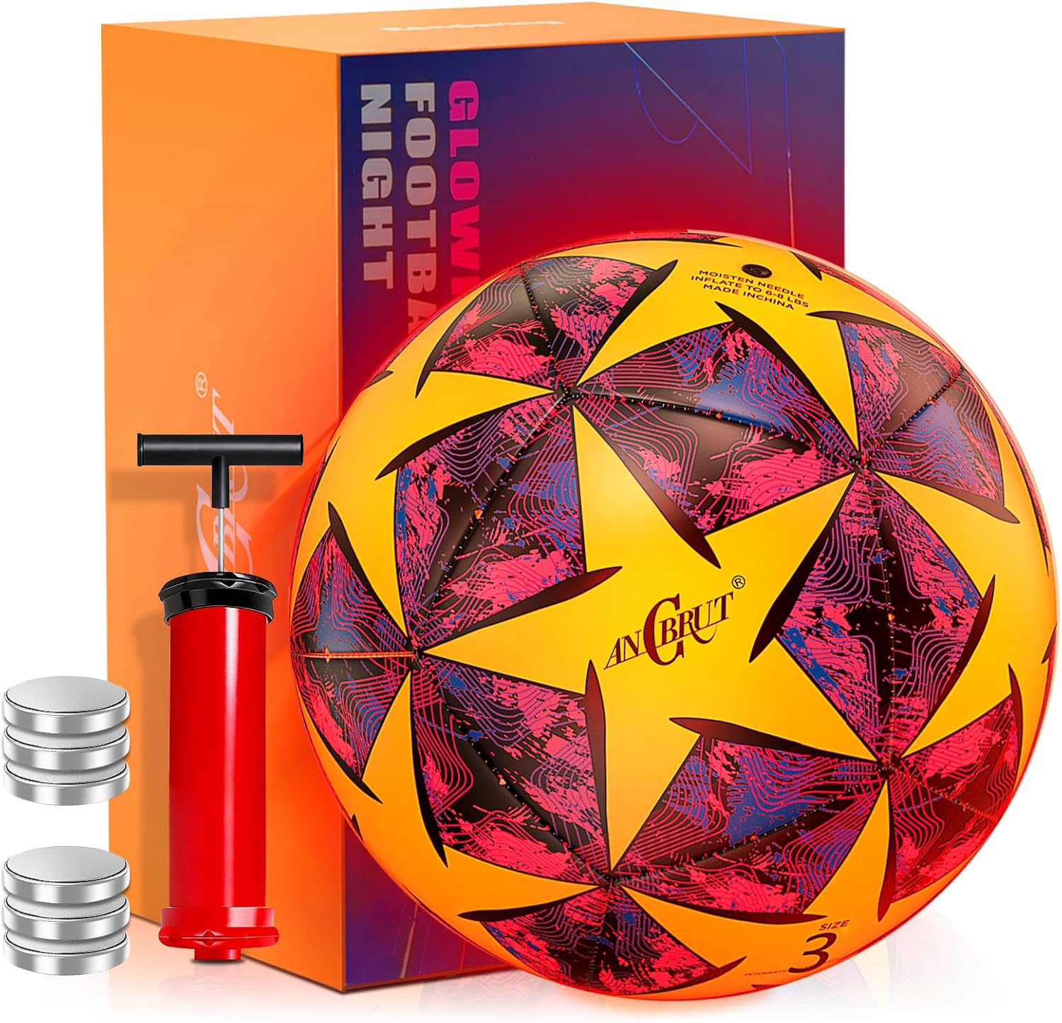 ANCBRUT light up soccer ball front view showing neon yellow and red star design patterns.