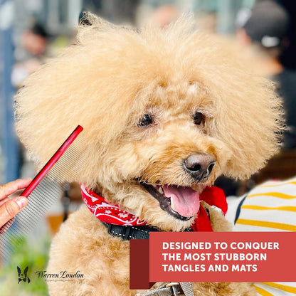 Durable aluminum core structure of the Warren London detangling strong comb for large and small dogs.