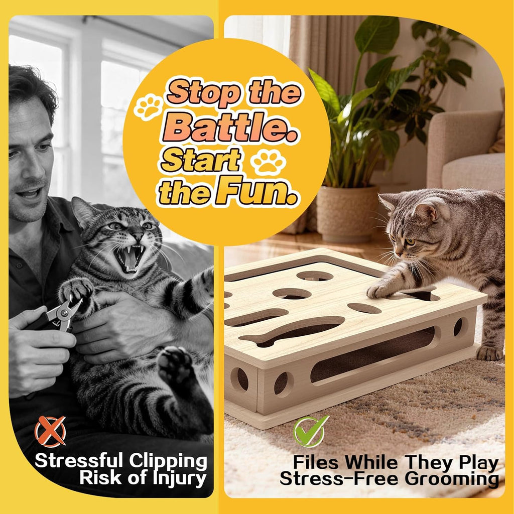 Interactive cat nail file box with top holes revealing inner maze paths