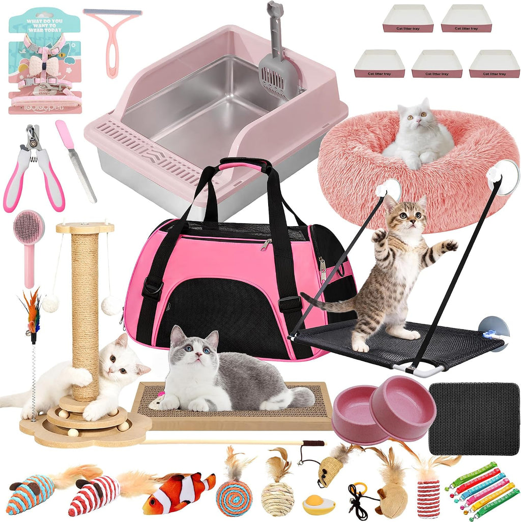 47PCS Kitten Essentials Starter Kit, Ideal for Cats Under 6 Months, Featuring 21-Piece Toy Set, Bed, Carrier, Litter Box, Bowls & More, for New Cat Owners - Pink - Image 10