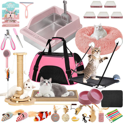 47PCS Kitten Essentials Starter Kit, Ideal for Cats Under 6 Months, Featuring 21-Piece Toy Set, Bed, Carrier, Litter Box, Bowls & More, for New Cat Owners - Pink - Image 10