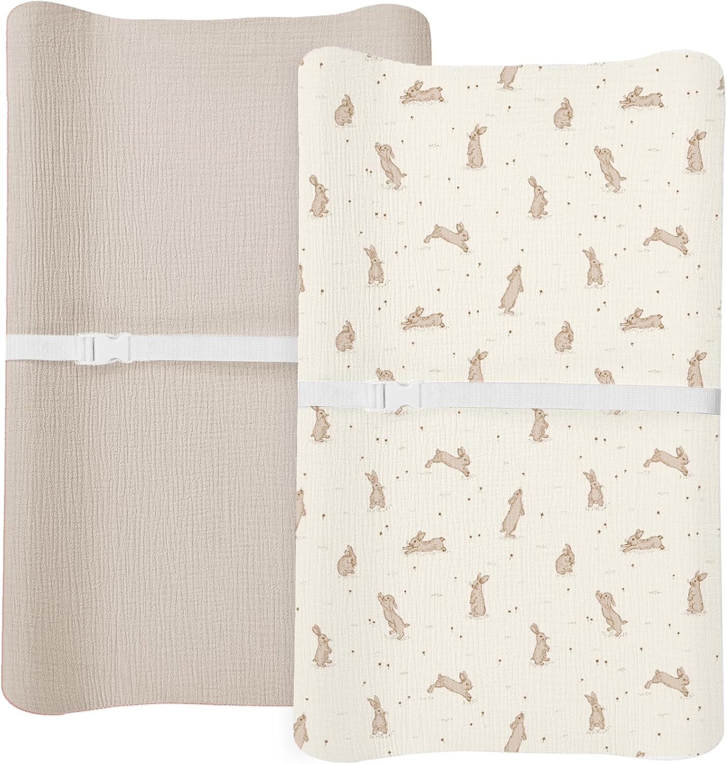Meowcards muslin changing pad cover front view showing the hopping bunnies pattern