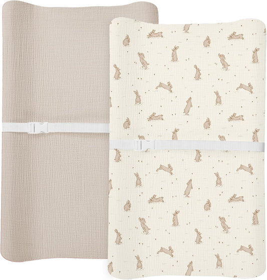 Meowcards muslin changing pad cover front view showing the hopping bunnies pattern