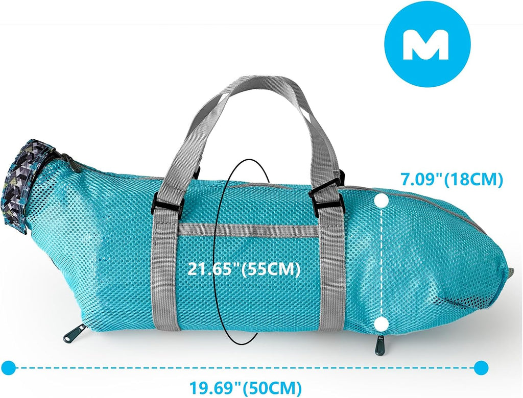 Light blue pet restraint bag for administering medicine to cats safely