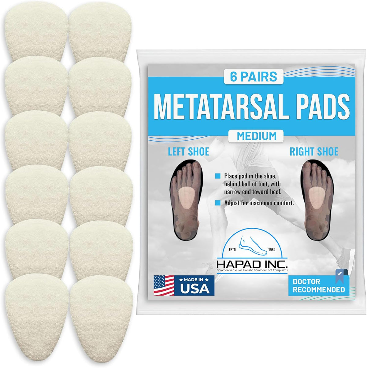 Hapad Metatarsal Pads Medium pack of 6 pairs front view showing teardrop shape.