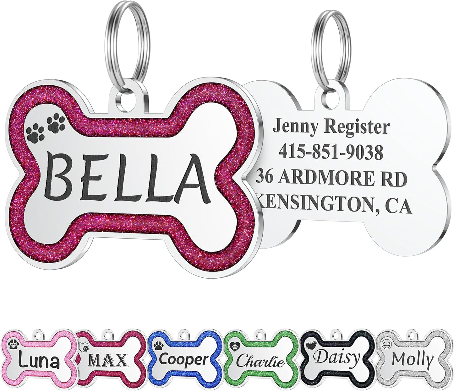 Stainless Steel Pet ID Tags in Glitter, Durable Dog Tags Engraved for Pets, Deep Engraved Personalized Dog Tags with Lovely 36 Icons, up to 5 Lines Custom Text Dog Name Tag (Small, Pink) - Image 12
