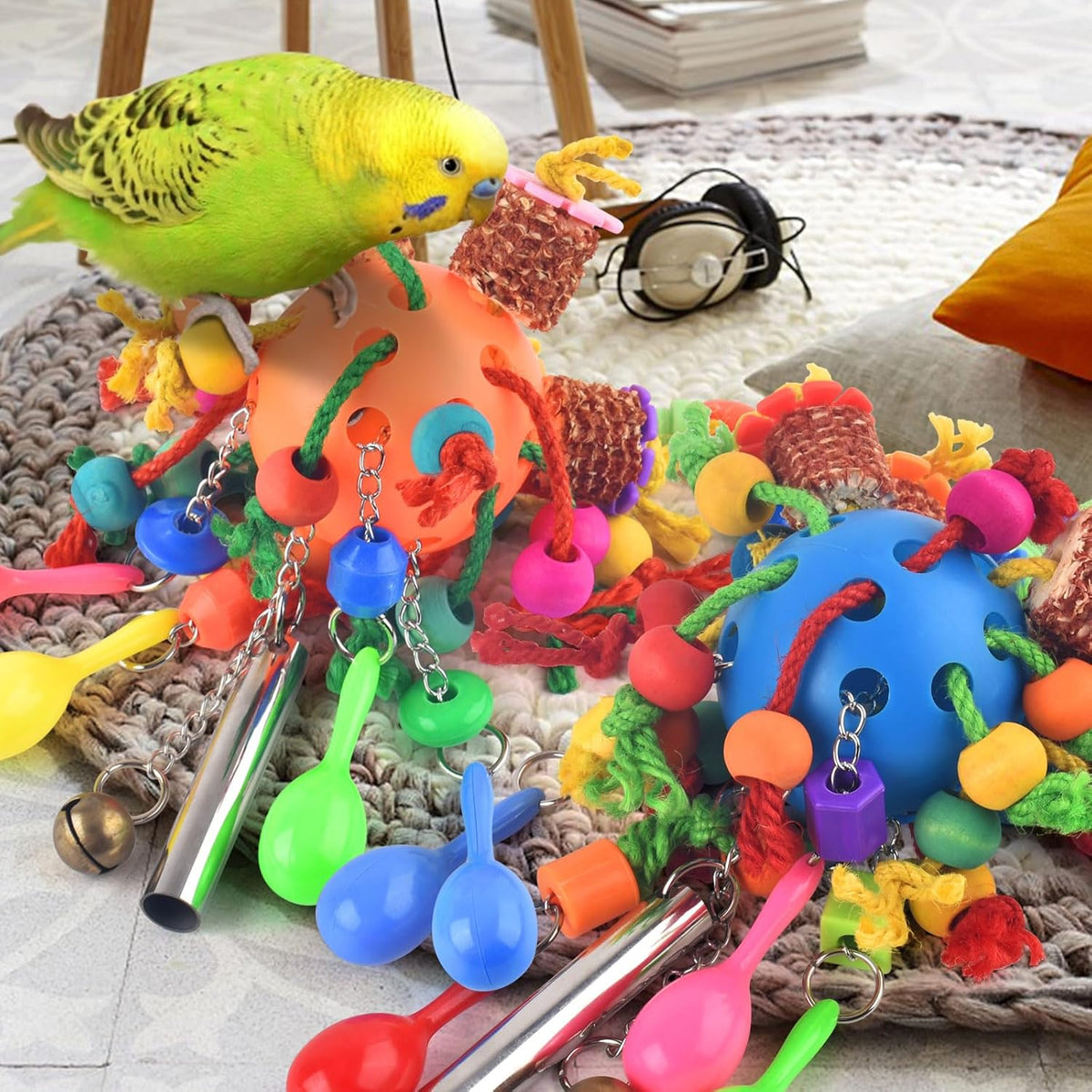 Katumo hanging bird toys showing sand hammer shakers.
