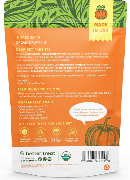 Back label details of A Better Treat freeze dried pumpkin showing USA sourcing and nutritional facts