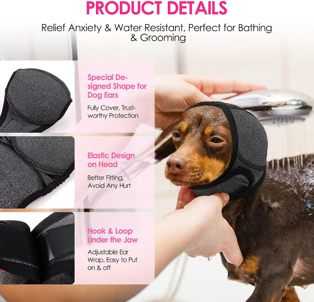 Grey KOESON dog snood noise reduction wrap applied for thunderstorm comfort